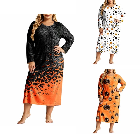 Women's Plus Halloween Maxi Nightgown Fall Crewneck Long Sleeve Printed Casual Loose Fit Pajamas Sleep Dresses M-3XL