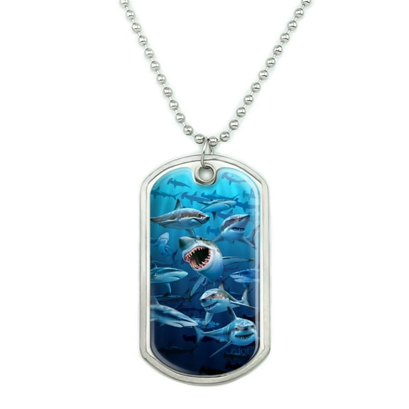 Shark Infested Waters Great White Military Dog Tag Pendant Necklace with Chain