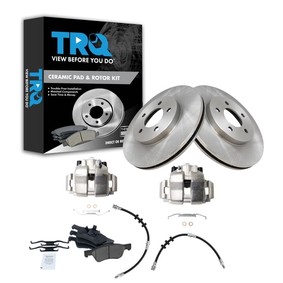 TRQ Front Brake Pad & Rotor Kit Brake Caliper Brake Hose Brake Pads Brake Rotor Ceramic Fits Select 2005-2007 Ford Escape Mercury Mariner