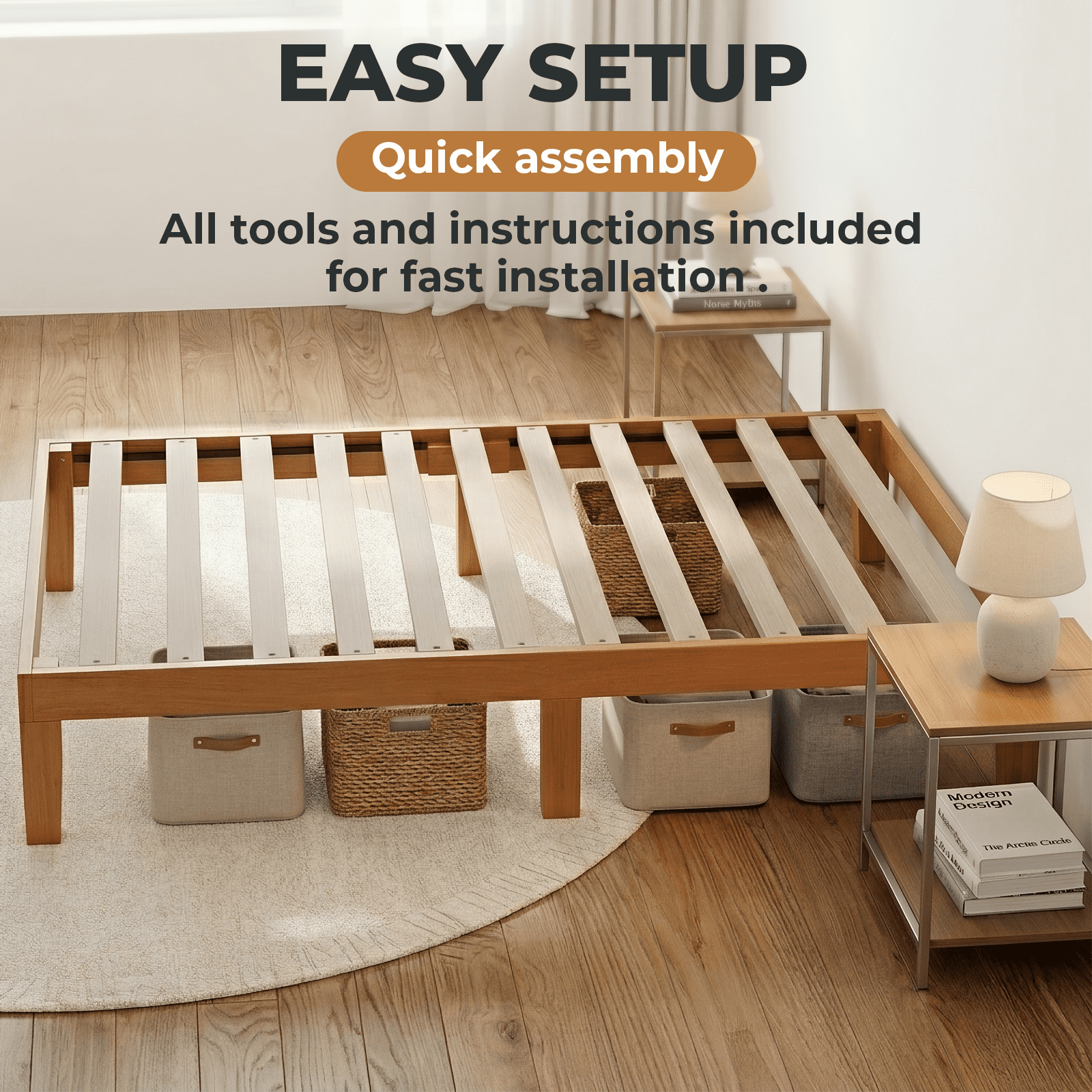 Alvantor Solid Wood Platform Bed Frame, Natural Pine, No Box Spring Needed, Underbed Storage – Twin, Full, Queen, King