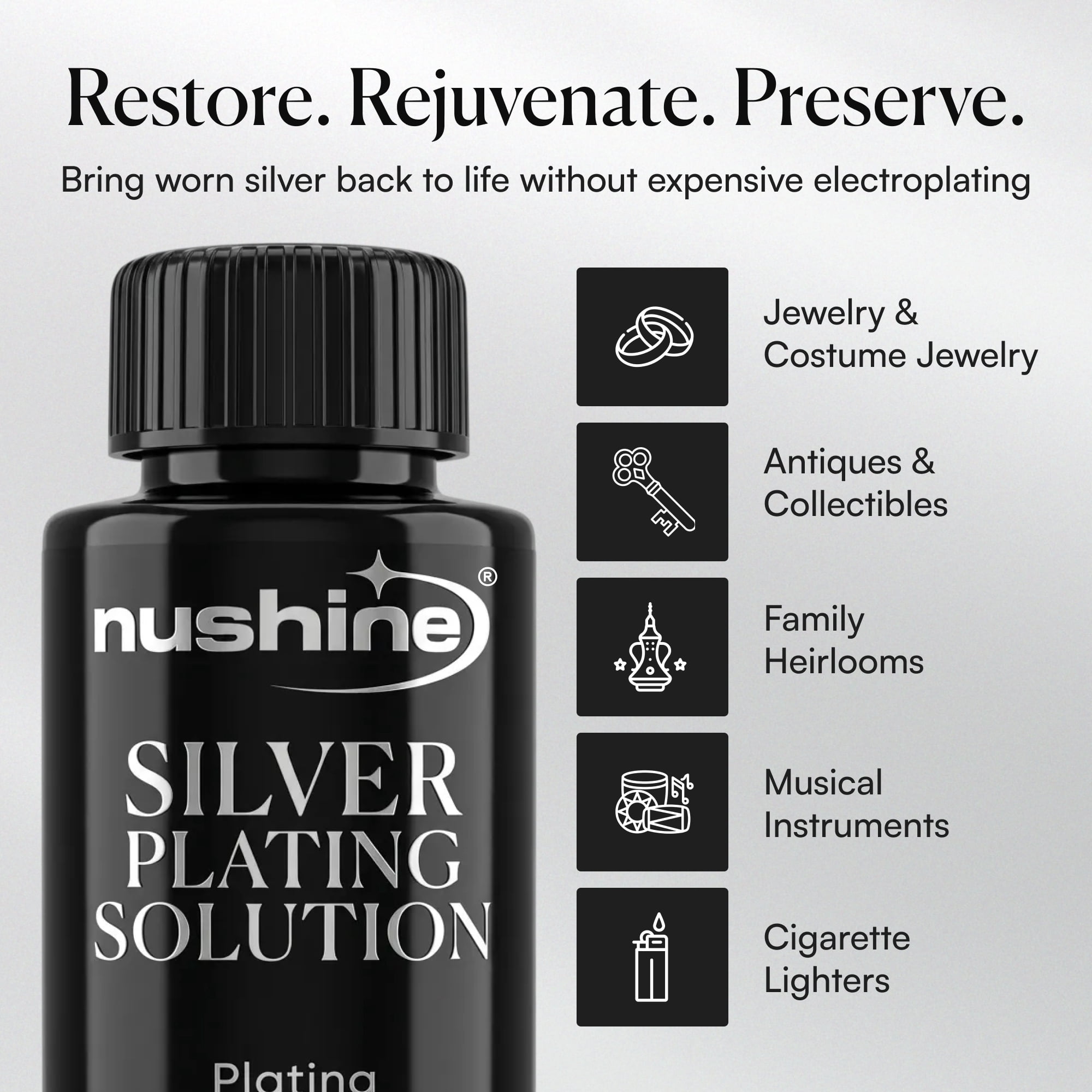 Nushine Silver Plating Solution 1.7 Oz - Permanently Plate Pure Silver onto Worn Silver, Brass, Copper and Bronze (ecofriendly Formula)