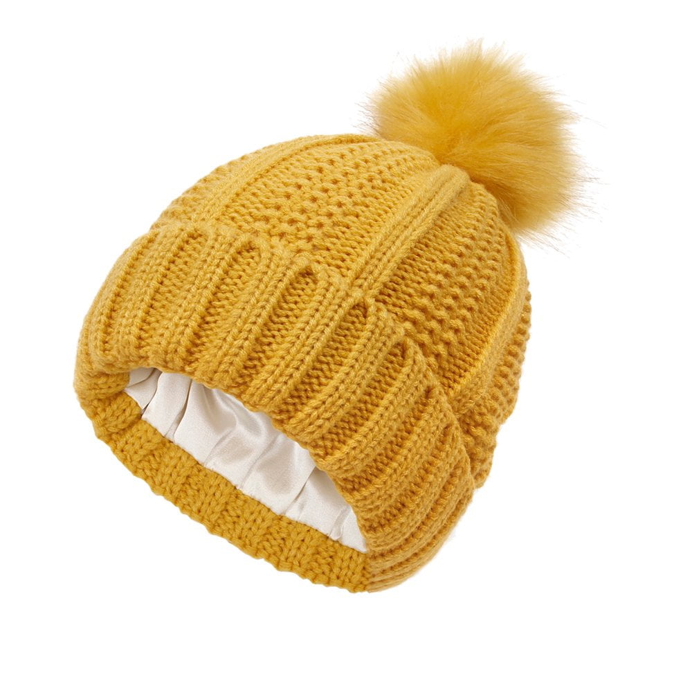 Bonnet d'Hiver Tricoté pour Femmes avec Pompon en Fausse Fourrure
