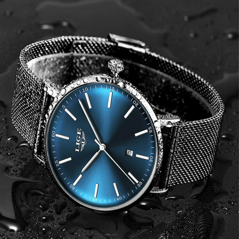 LIGE Womens Casual Ultra Thin Stainless Steel Watch with Blue Face