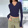thumbnail image 4 of Trendy Long Sleeve Shirts for Women Fall Fashion V Neck Crop Slim Fitted Y2K Tops Outfits Clothes Dark Blue XL, 4 of 5