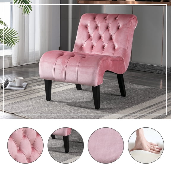 Modern Velvet Armless Accent Chair for Living Room, Upholstered Button Tufted Comfortable Chair with Wooden Legs for Bedroom, Office, Pink