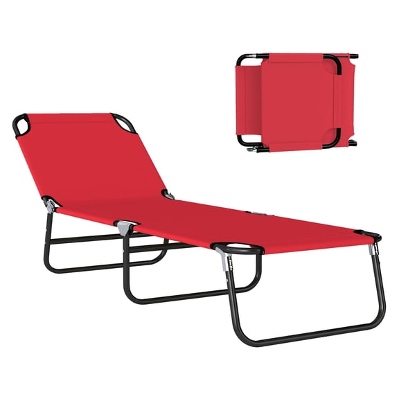 Folding Chaise Lounge Chair, Outdoor Sun Tanning Chair, 5-Position Reclining Beach Chair, Steel Frame, Patio Lounger - Red