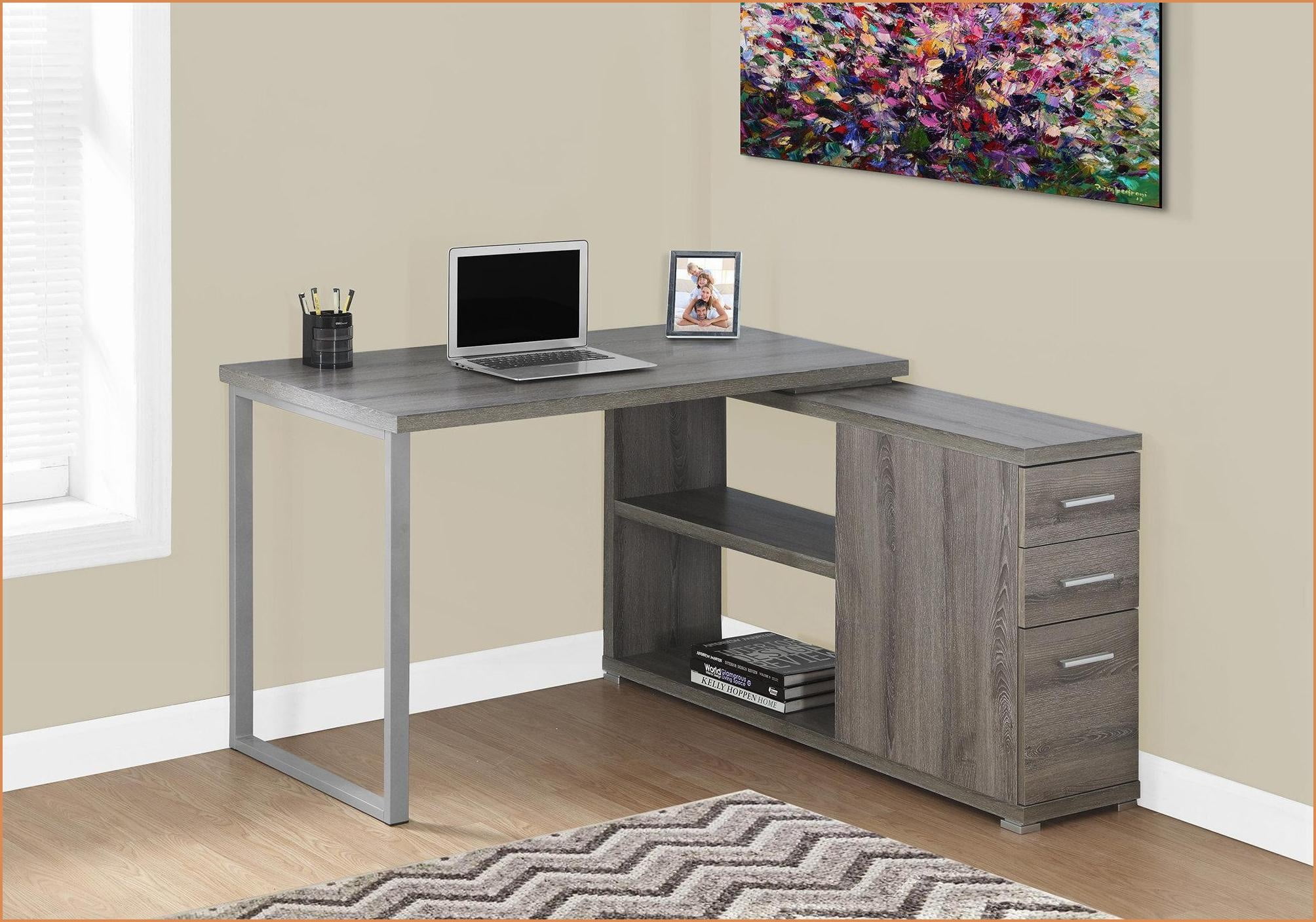Desks, Modern L-Shaped Corner Computer Desk with Left/Right Setup & Storage Drawers, Taupe Brown Laminate Grey Metal | Taupe | Particle Board