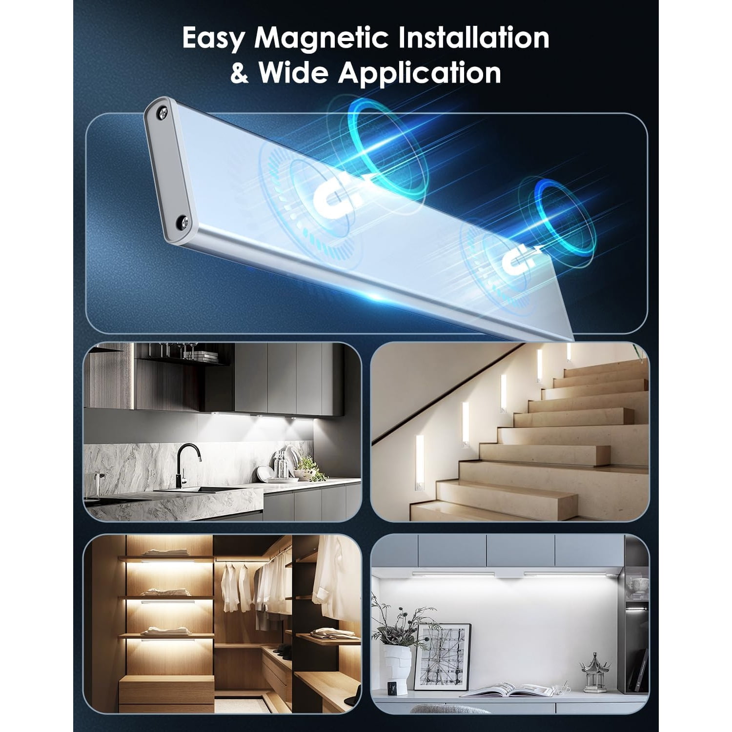 5-Pack Under Cabinet Lighting, 68LED 2000mAh Rechargeable Battery Operated Motion Sensor Light Indoor, 3 Color Wireless Dimmable Closet Lights, Magnetic Under-Counter Light Fixtures for Kitchen, Home