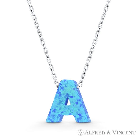 Blue Lab Opal Initial "A" Pendant w/ Anchor Chain Necklace in .925 Sterling Silver