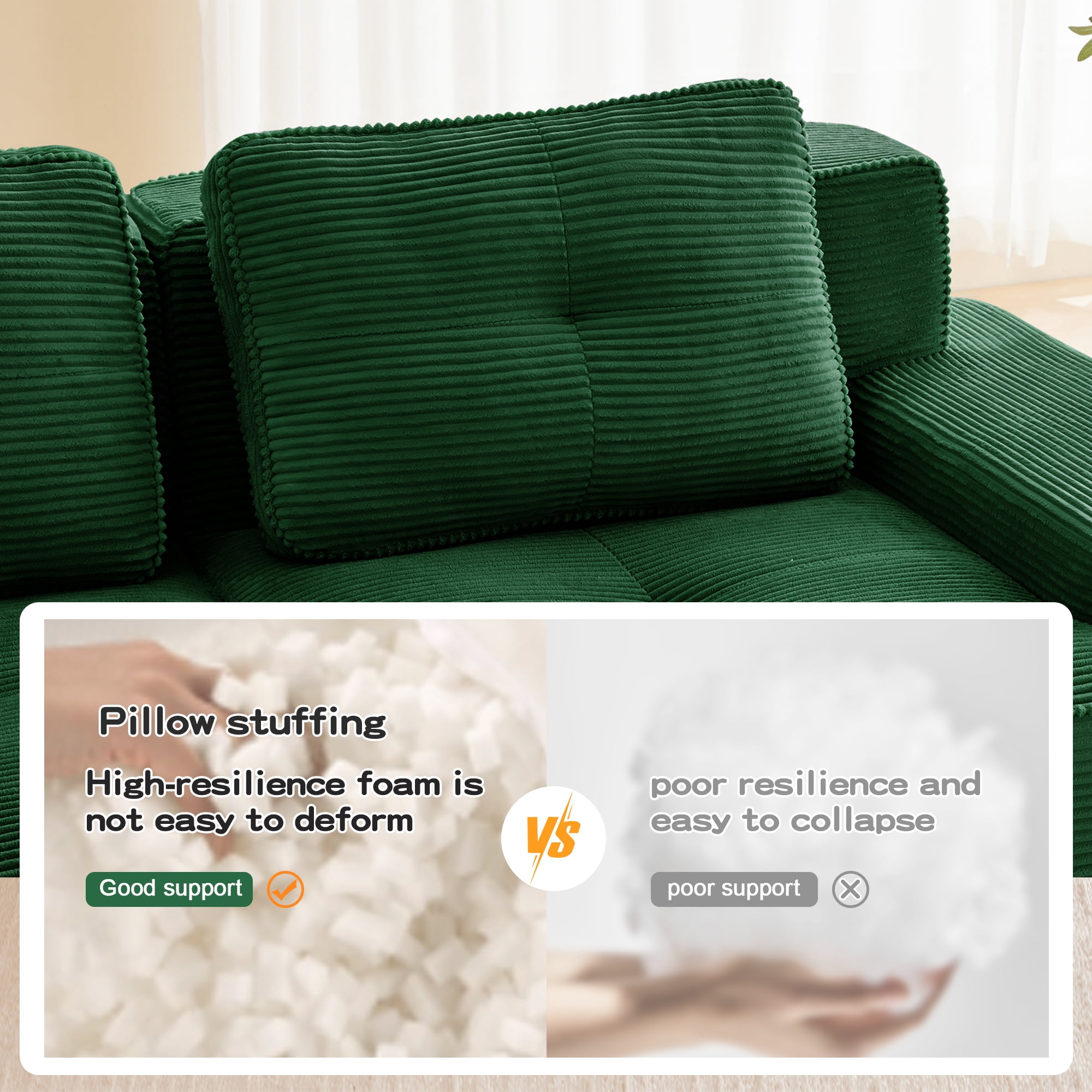 Aukfa Corduroy Modular Sectional Sofa; 29.5" Deep Seat Loveseat, Pearl-Like Trim, Green