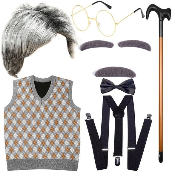 Kids Grandpa Themed Dress Up Accessory Set, 8 Pcs Old Man Style Outfit Supplies, 100 Days Of School Themed Activity Wear for Boys 3-10 Years