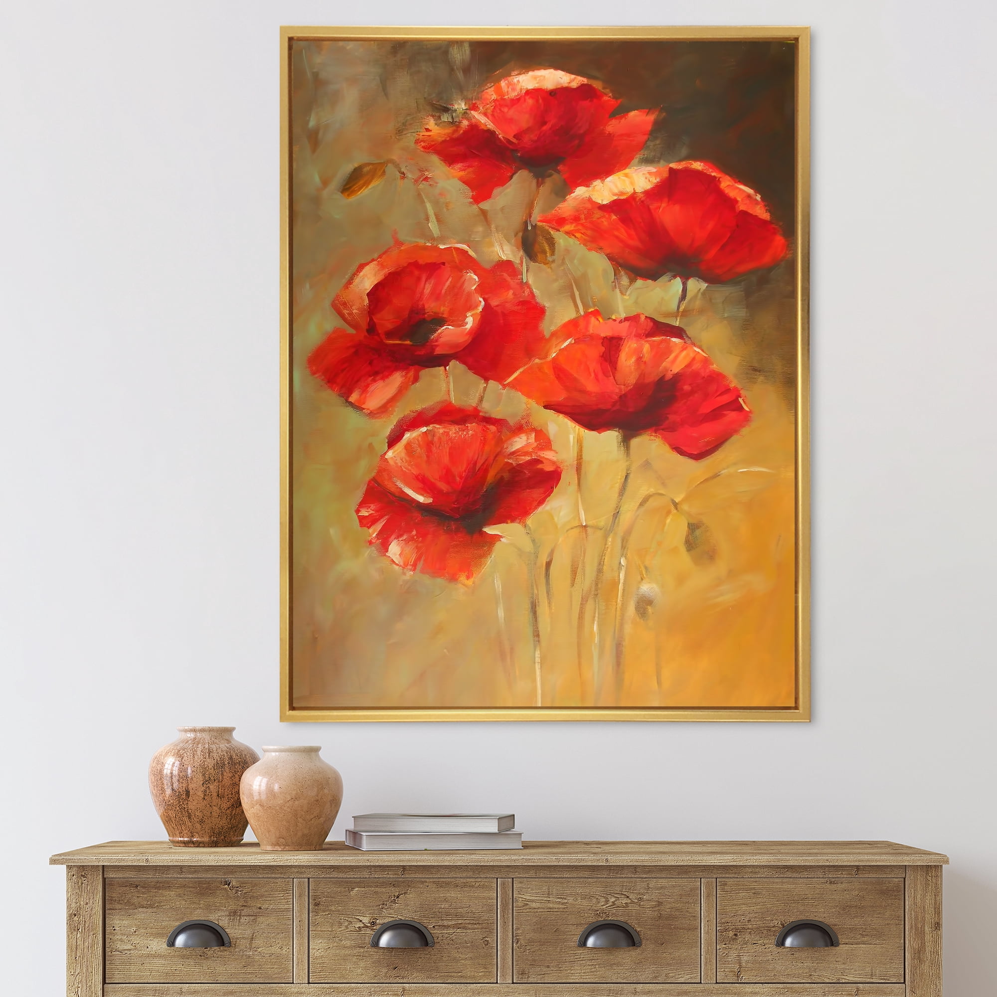 Ancient Blooming Poppies II 24" x 32" Framed Painting Canvas Art Print, by Designart