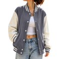 thumbnail image 4 of Breezora Women Loose Striped Long Sleeve Button Down Baseball Jacket Rib Cuff with Side Pockets Fall, 4 of 5