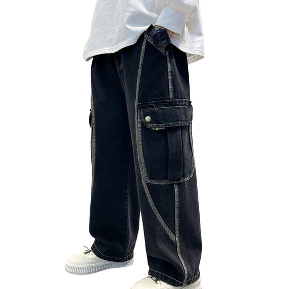 Boys Cargo Jeans Baggy Wide Leg Pants with Elastic Waistband Black Ages 4-14 Years Denim Streetwear Y2K Pants,Size 7-8T