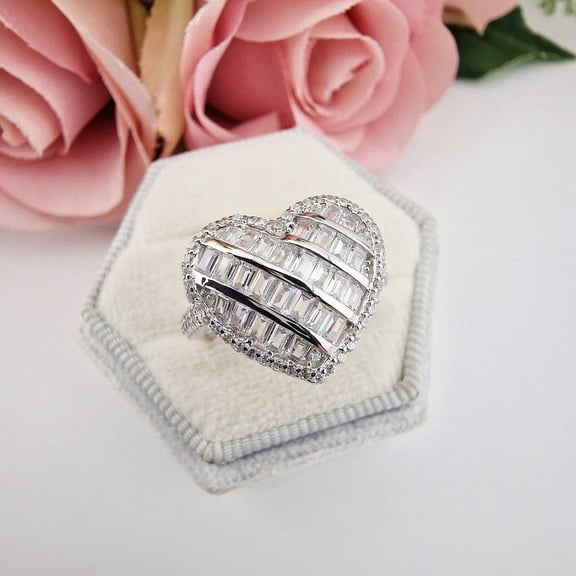 Silver & Stone Jewels Heart Shape CZ Cocktail Ring 14K White Gold Finish Statement Ring for Women, Romantic Gift for Her