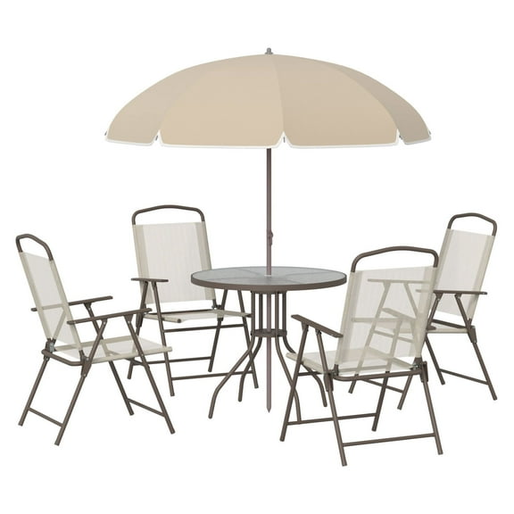 6-Piece Patio Dining Set with Umbrella, Folding Chairs & Glass Table, Beige - Outdoor Furniture