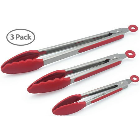 The holm Set of 3 Heavy Duty, Non-stick, Stainless Steel Kitchen Red Tongs (7, 9, 12 Inch) for Barbeque, Cooking, Grilling Turner - A Serving and Feeding Set for Your (Best Tongs For Loose Curls)