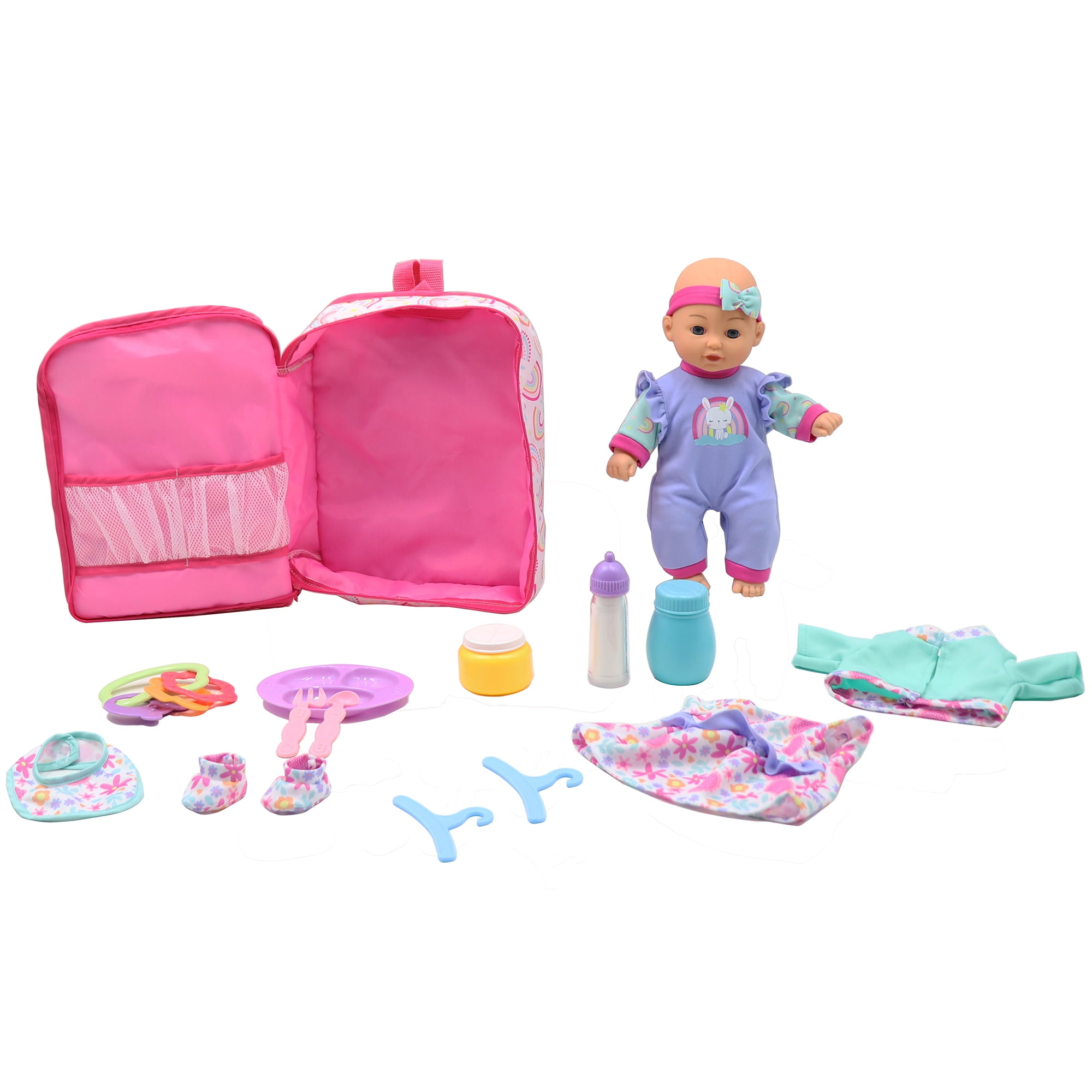 Dream Collection: Deluxe 12" Baby Doll & Backpack Wardrobe Set - Rainbow & Bunny - Carrier Bag, Extra Outfit, Toy Feeding & Care Accessories, Kids 2+
