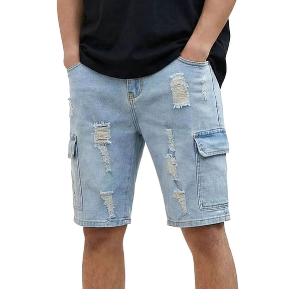 Bosfbaoi Mens Cargo Denim Shorts Button Fly Light Wash Distressed Ripped Design Multi Pocket Loose Fit Casual Shorts for Streetwear Outdoor Activities