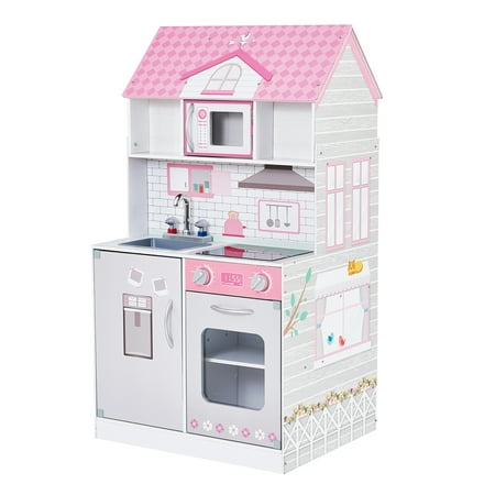 Teamson Kids Ariel 2-in-1 Play Kitchen and Dollhouse with 16 Accessories for 12" Doll, Pink/Grey