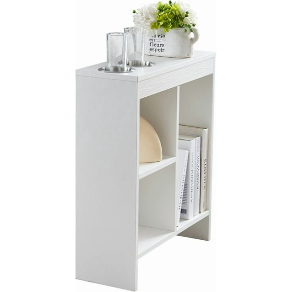 SSyao Narrow Side End Table with Cup Holders and Storage Shelves, Slim Sofa Couch Table with Magazine Rack, Compact Nightstand or Bedside Table for Bedroom, Living Room, Office, Small Spaces