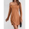 thumbnail image 5 of Womens One Shoulder Tunic Long Sleeve Solid Twist Hem Mini Dress Dressy Casual Loose Spring Summer Dress Brown S, 5 of 9