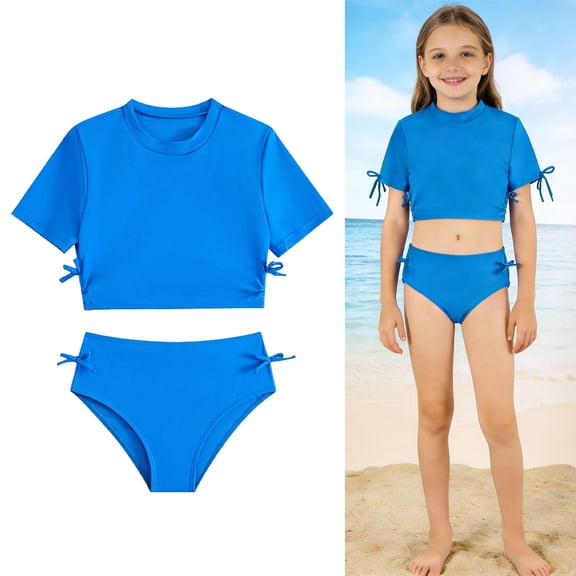 Girls Two Piece Swimsuit Short Sleeve Crop Top Girls Bathing Suits with Chest Pad Bathing Suit Girls 10-11 Years