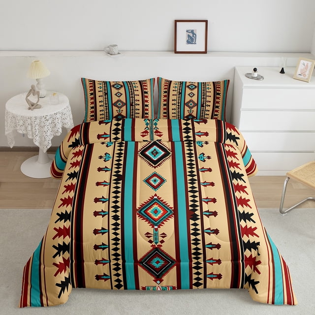 Western Comforter Set Geometric Aztec King Bedding Set,Southwestern Quilt Bed Set Geometry Diamond Duvet Insert,Retro Exotic Stripes Western Home Decor