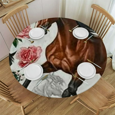 

Patifu Horses Roses Maximalism Round Tablecloth with Elastic Edge 100% Polyester Stain-Resistant Washable for Indoor Outdoor Restaurants Weddings Parties Home Kitchen Decor 42 -46