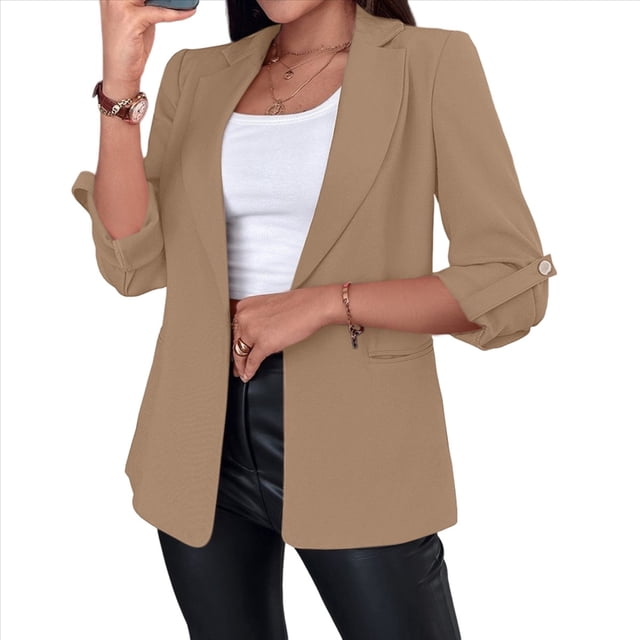 Blazer de Larga para Mujer, Informal, de Negocios, con Abertura Frontal, para Trabajo y Oficina. Caqui XL