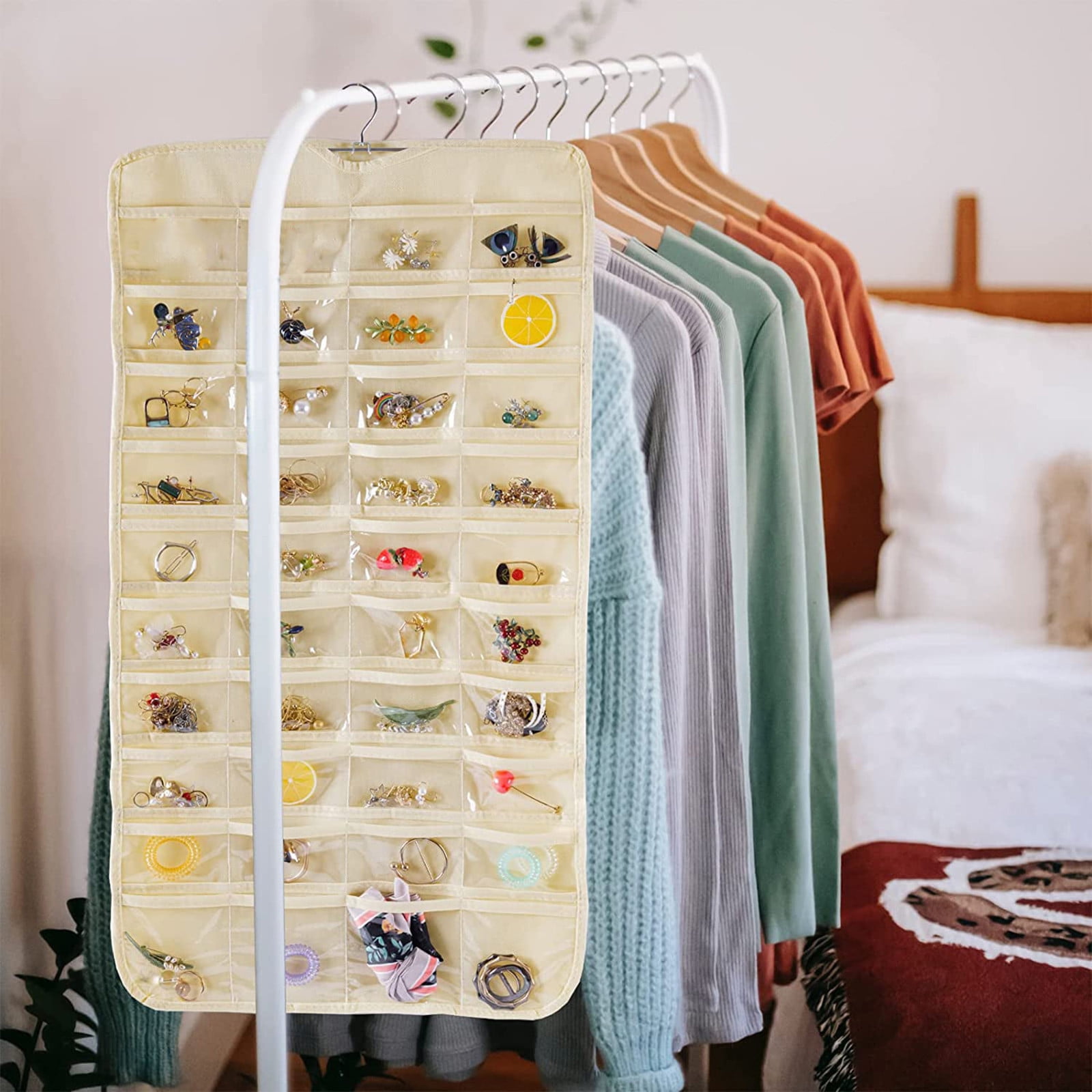 80 Pockets Hanging Jewelry Organizer for Earrings and Accessories with Steel Hanger in Beige for Closet and Wall Display