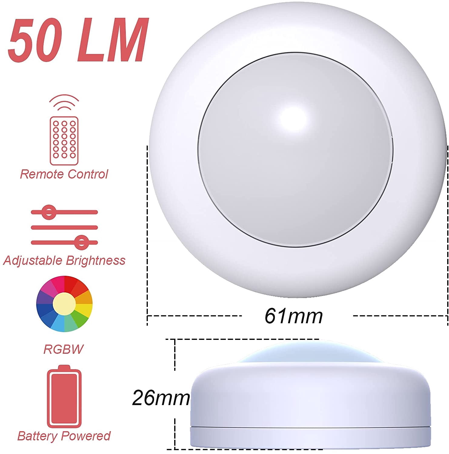 JJEAN-LED Puck Lights with Remote Control, 50lm RGBW Color Changing Closet Battery Light, 13 Colors Stick-on Under Cabinet Lighting, with Dimmable Function, 6 Pack