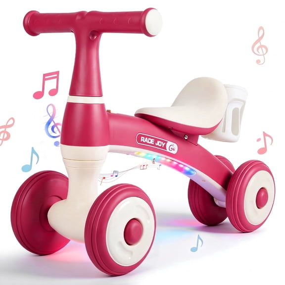 Light-Up Toddler Balance Bike with Music 4-Wheel Adjustable Baby Walker for 1-3 Yr Girls & Boys 12-36 Months First Birthday Ride-On Gift, Red
