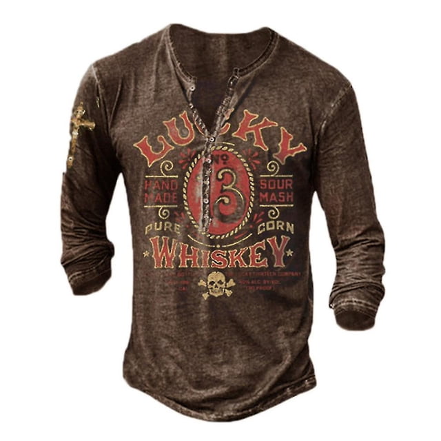 Camiseta de manga larga estampada para hombre, camiseta informal holgada, camiseta henleyCoffeeL