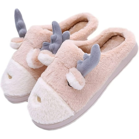 

PIKADINGNIS Women s Slippers Cute Elk Slippers Cartoon Animal Slippers Winter Slippers Warm Home Slippers Furry Slippers