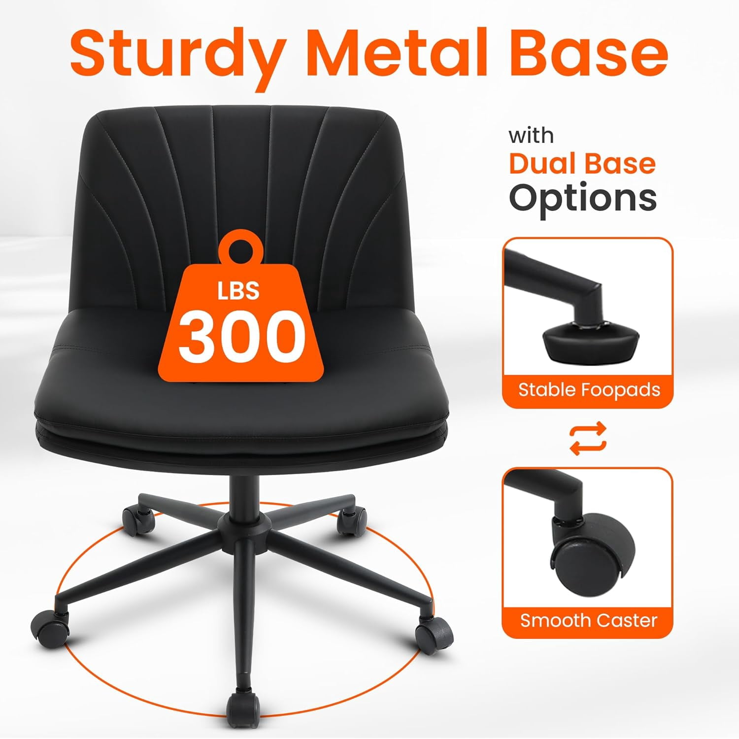 Orange Factory Criss Cross Chair with Wheels Comfy Wide Vanity Desk Chair Dual Base Leather Armless Adjustable Swivel for Home Computer Task (Black Pu, Faux Leather)