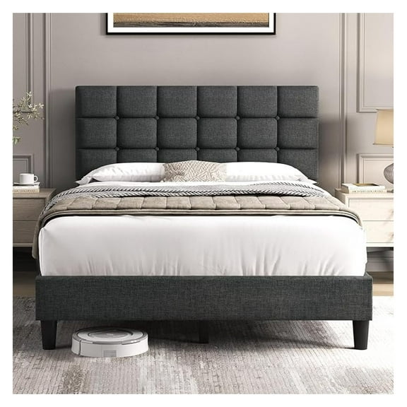 AIZYT Upholstered Bed Frame, Modern Full Bed Platform with Square Stitched&Button Tufting Headboard Height Adjustable, Wooden Slats Support, No Box Spring Needed, Full Size, Dark Gray