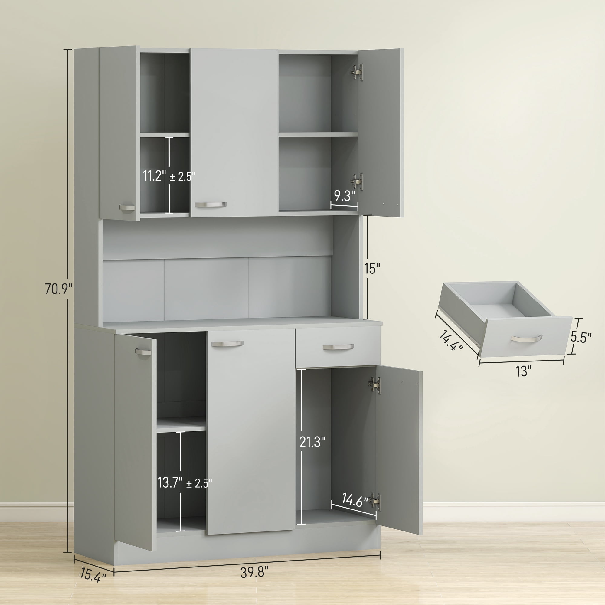 HOMCOM 71" Freestanding Buffet with Hutch, Kitchen Pantry, Cupboard with 6 Doors, 3 Adjustable Shelves, and 1 Drawer, Gray