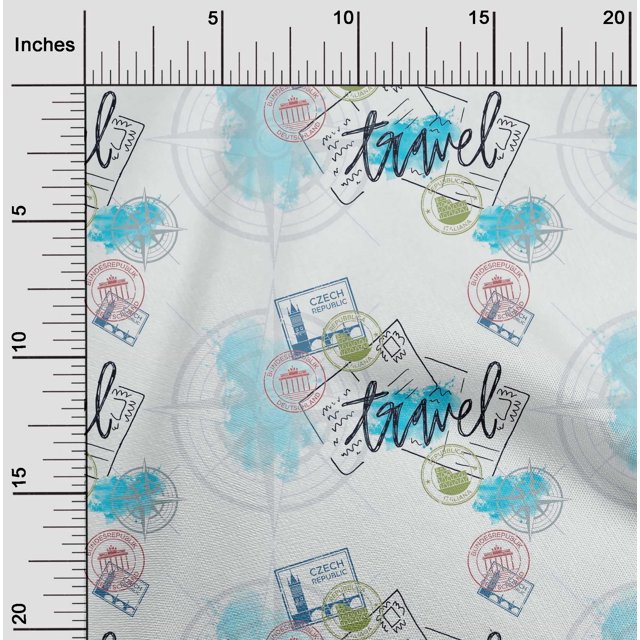 oneOone Silk Tabby Turquoise Blue Fabric Stamps & Direction Compass Travel Craft Projects Decor Fabric Printed By The Yard 42 Inch Wide