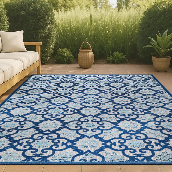 JONATHAN Y AMALFI COAST 8 x 10 Area Rug, Gallia Tile Trellis - Light Gray/Blue, AMC107B-8