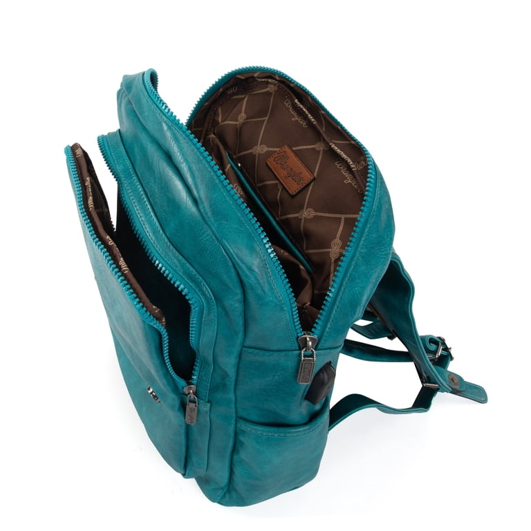 Stylish Teal and Brown Women\'s Backpack Stylish Teal Canvas Backpack with Brown Leather Trim main image 2