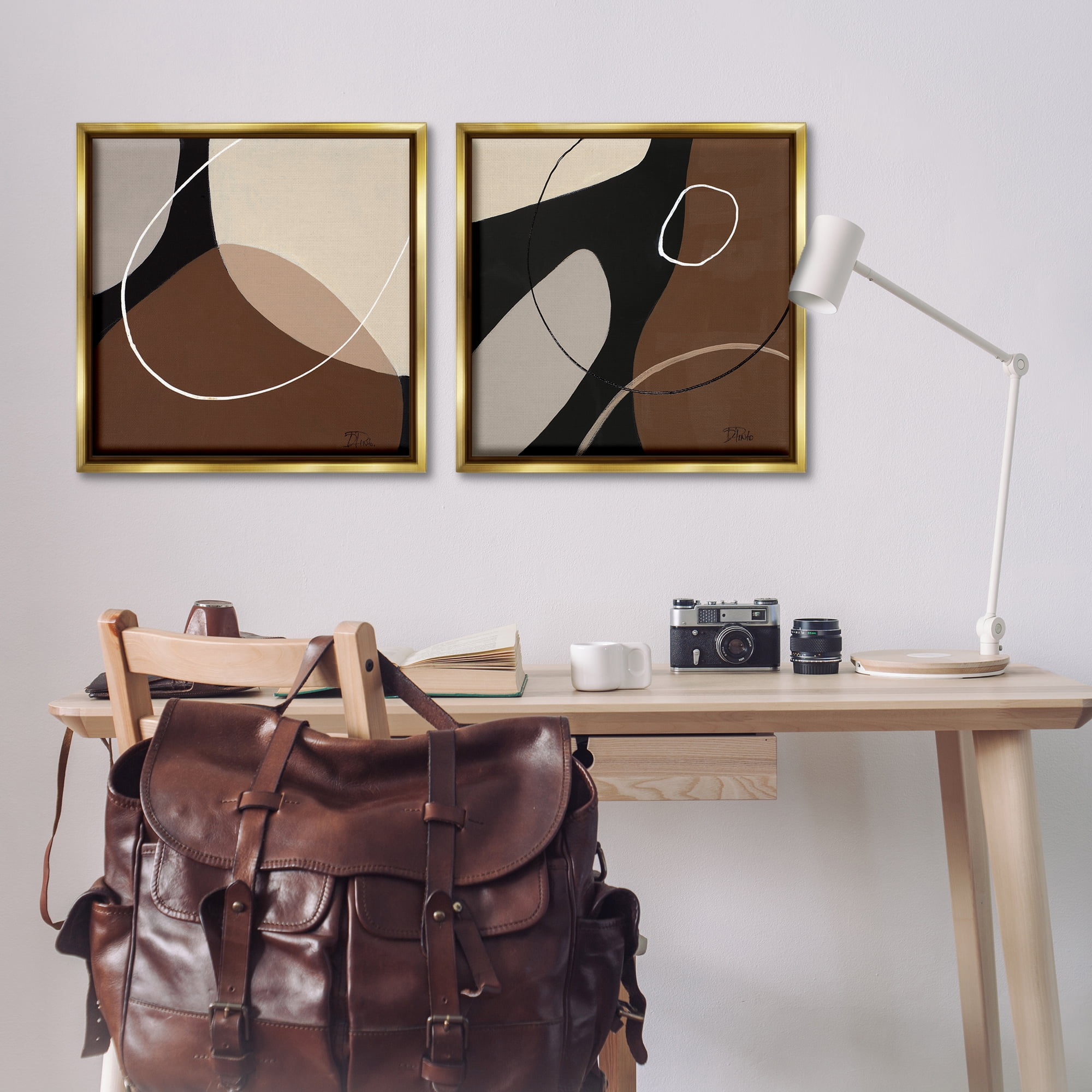 Stupell Industries Classic Abstract Neutral Shape Abstract Painting Gold Floater Framed Canvas Art Print Wall Art, 25 x 25, Set of 2
