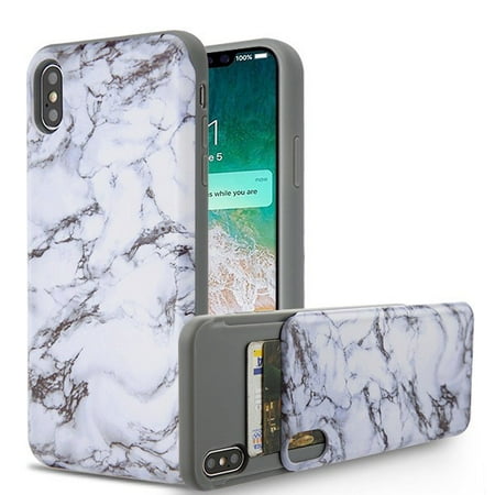 Apple iPhone Xs Max (6.5 Inch) Phone Case Shockproof Hybrid Rubber Rugged Case Cover Slim with Double Card Holder White Marble Phone Case for Apple iPhone Xs