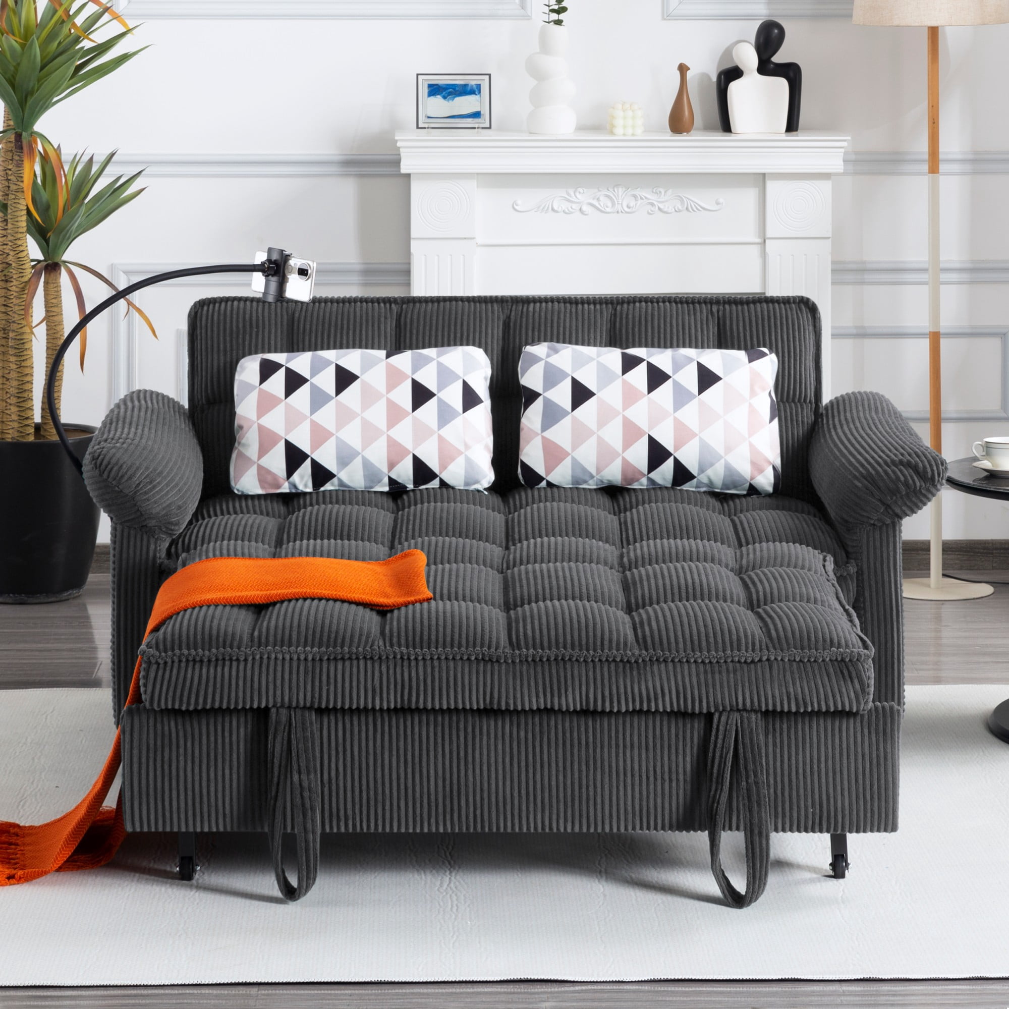 BSHTI 58.27" Corduroy Convertible Sofa Bed with Pull Out Sleeper, 3-Position Backrest, Storage Pocket for Living Room Guest Room, Black（Dark Grey）