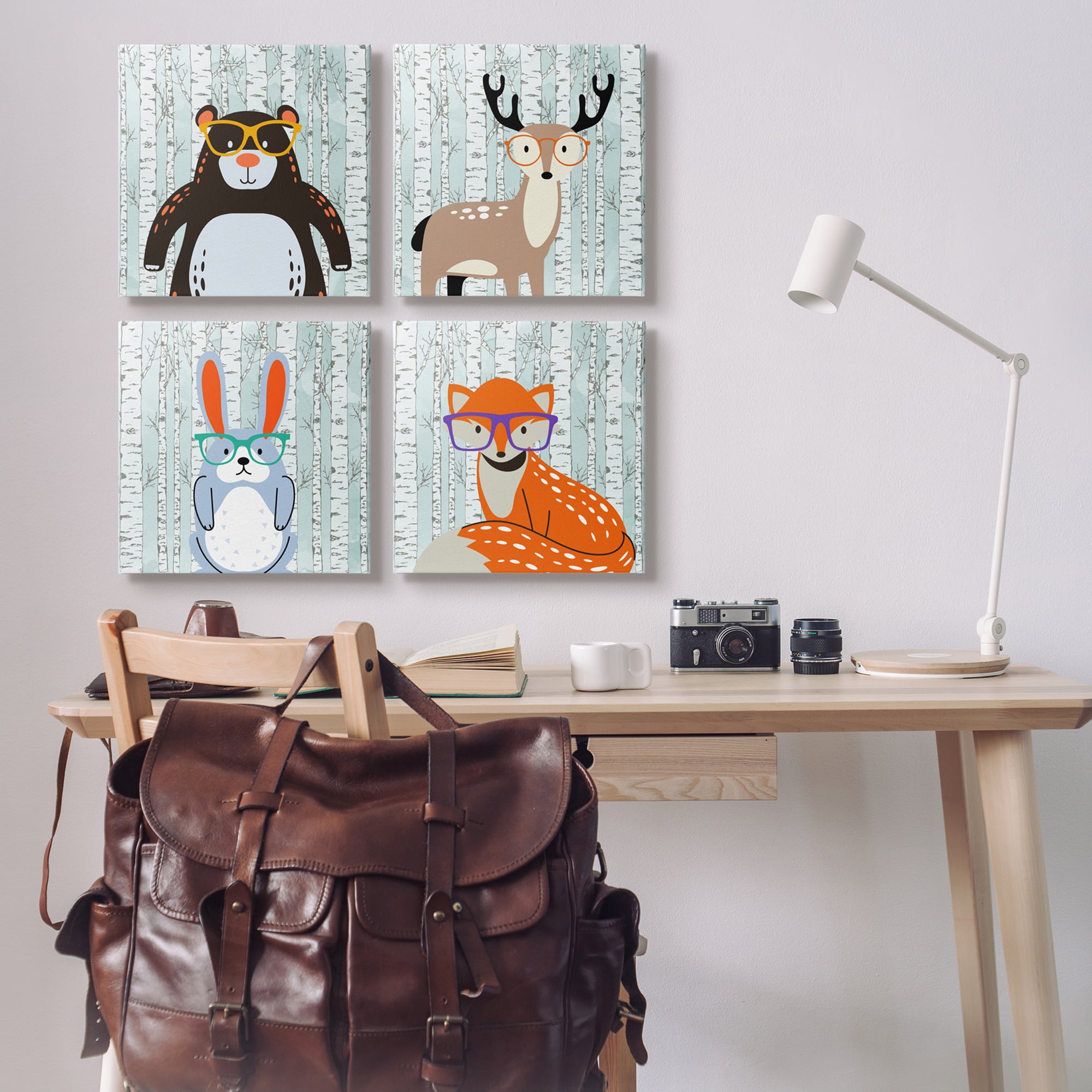 Stupell Industries Woodland Animals in Glasses Animals & Insects Painting Gallery Wrapped Canvas Art Print Wall Art, 17 x 17, Set of 4