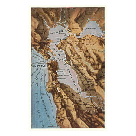 Relief Map of Bay Area, San Francisco, California Print Wall