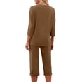 thumbnail image 4 of MGDXOX Pajama Set for Women 3/4 Sleeve V Neck Top with Capri Pants Pjs 2 Piece Loungewear Solid Color Soft Fall Sleepwear Brown S, 4 of 7