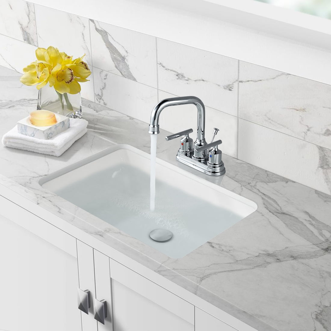 WOWOW Bathroom Faucet Chrome 4 inch Bathroom Sink Faucet Centerset Lift Rod Drain