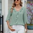 thumbnail image 3 of SWSMCLT Women's V Neck Top Ruffle Blouse Fall Fashion Chiffon Blouse Top Summer Casual 3/4 Sleeve Green Small, 3 of 5