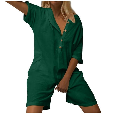 

Usmixi Jumpsuits for Women Lightweight Cotton Linen Button Down Jumpsuits with Pocket Summer Fashion Solid Lapel Short Sleeve Mini Rompers Green m